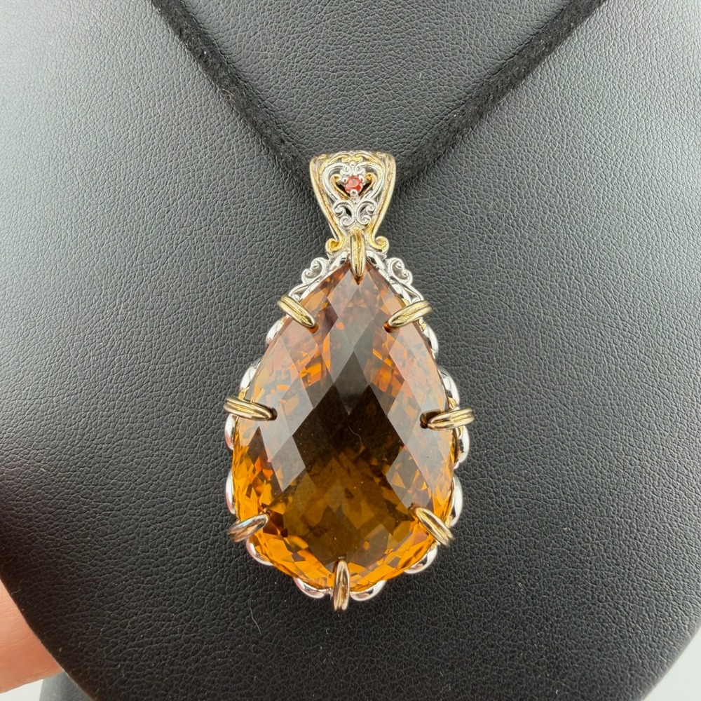NH Sterling Silver Citrine Pendant Large Pear Cut Two Tone Filigree Statement